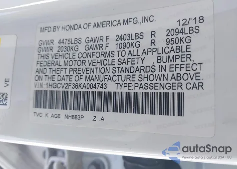 2019 Honda Accord Sport 2.0T from USA, damaged, VIN 1HGCV2F36KA004743